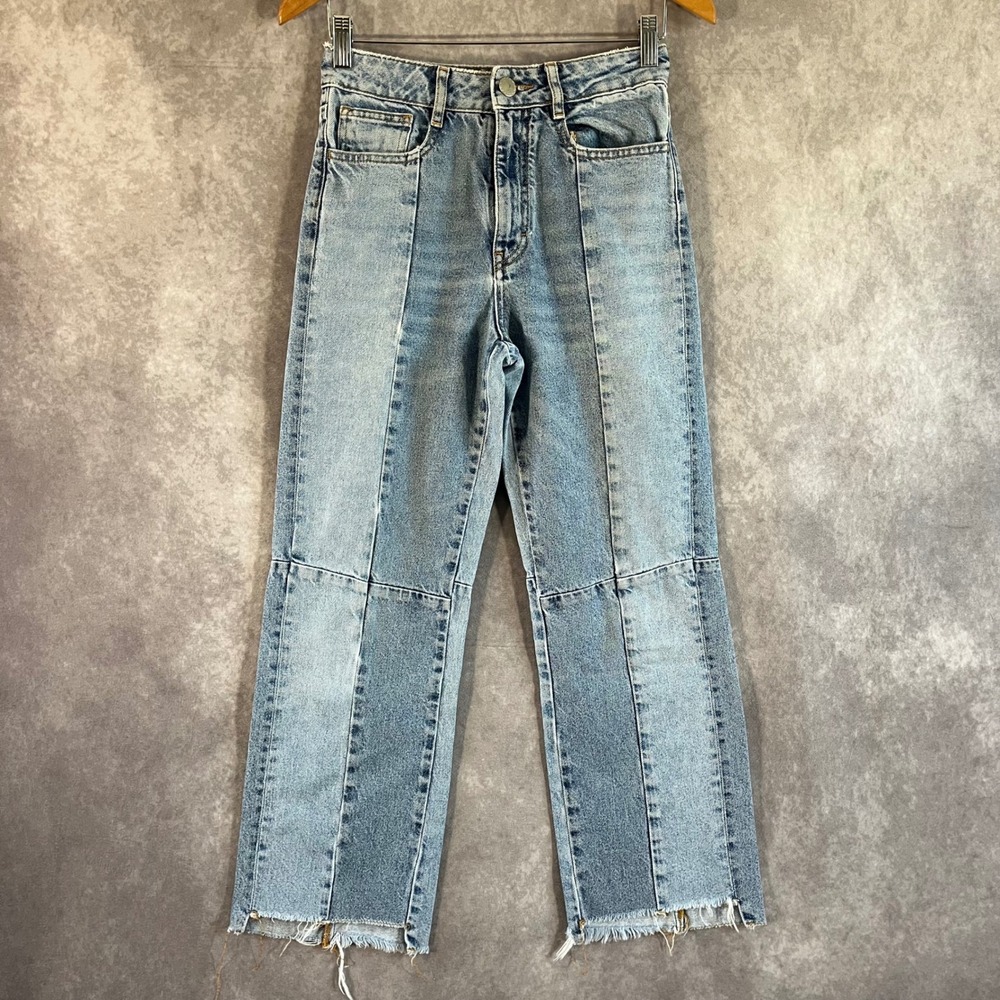 Maje Straight Leg Jeans Womens 36 Blue Paneled Raw Hem‎ High Rise Patchwork